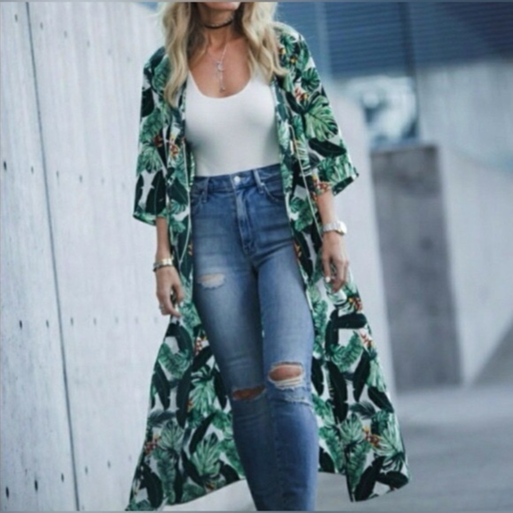 Rachel Zoe Palm Print Kimono Duster Swim Coverup One Size